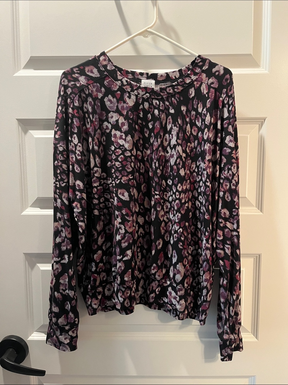 Black Long-Sleeve Leopard Print Pullover with Purple/Pink Accents